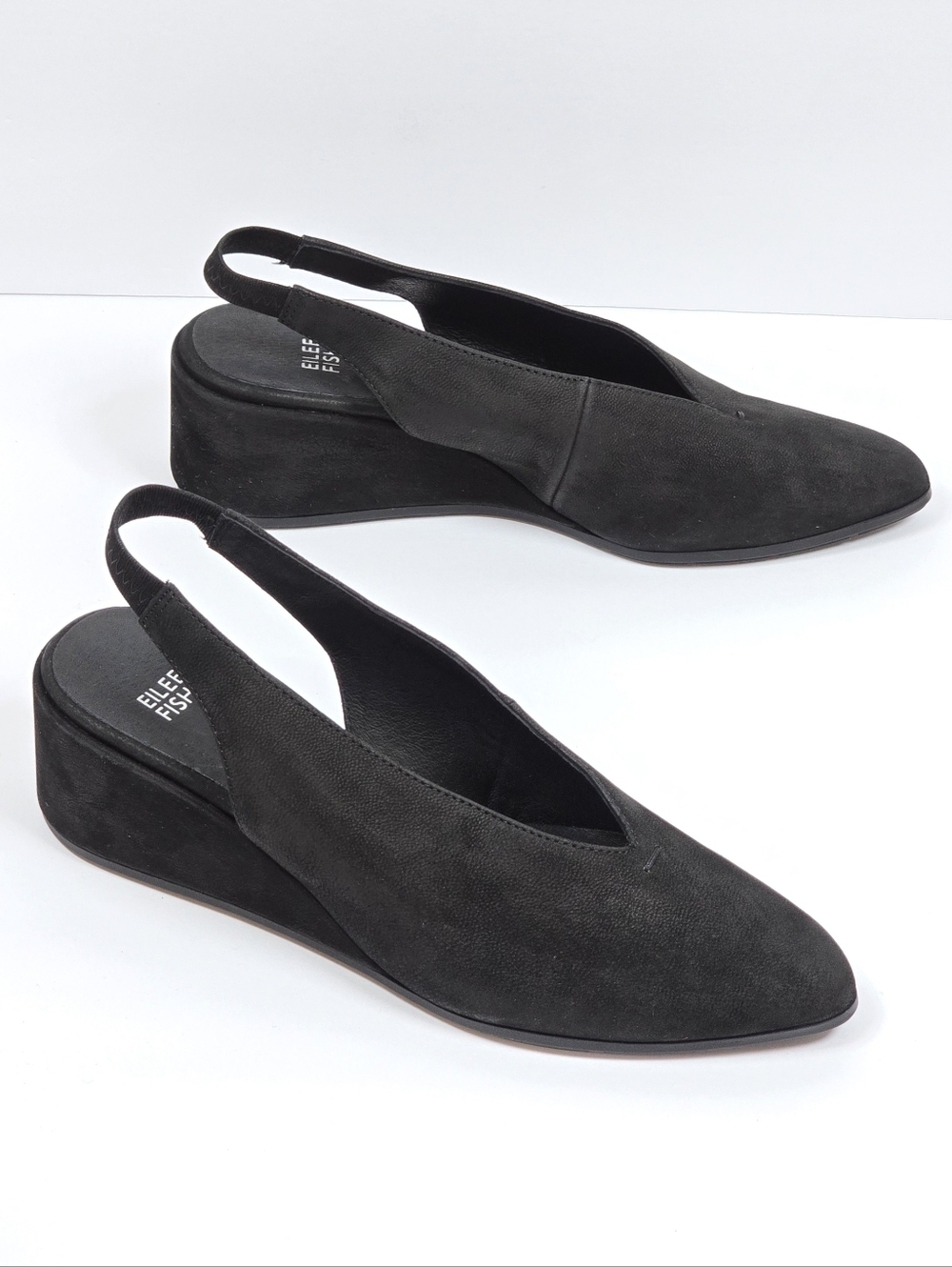 Eileen Fisher Devi Nubuck Leather V-Shape Slingback Almond Toe Wedge Pumps 7.5